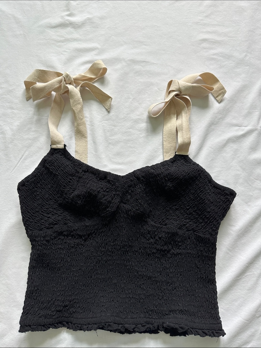 Free People Black Smocked Tank with Cream Tie Straps